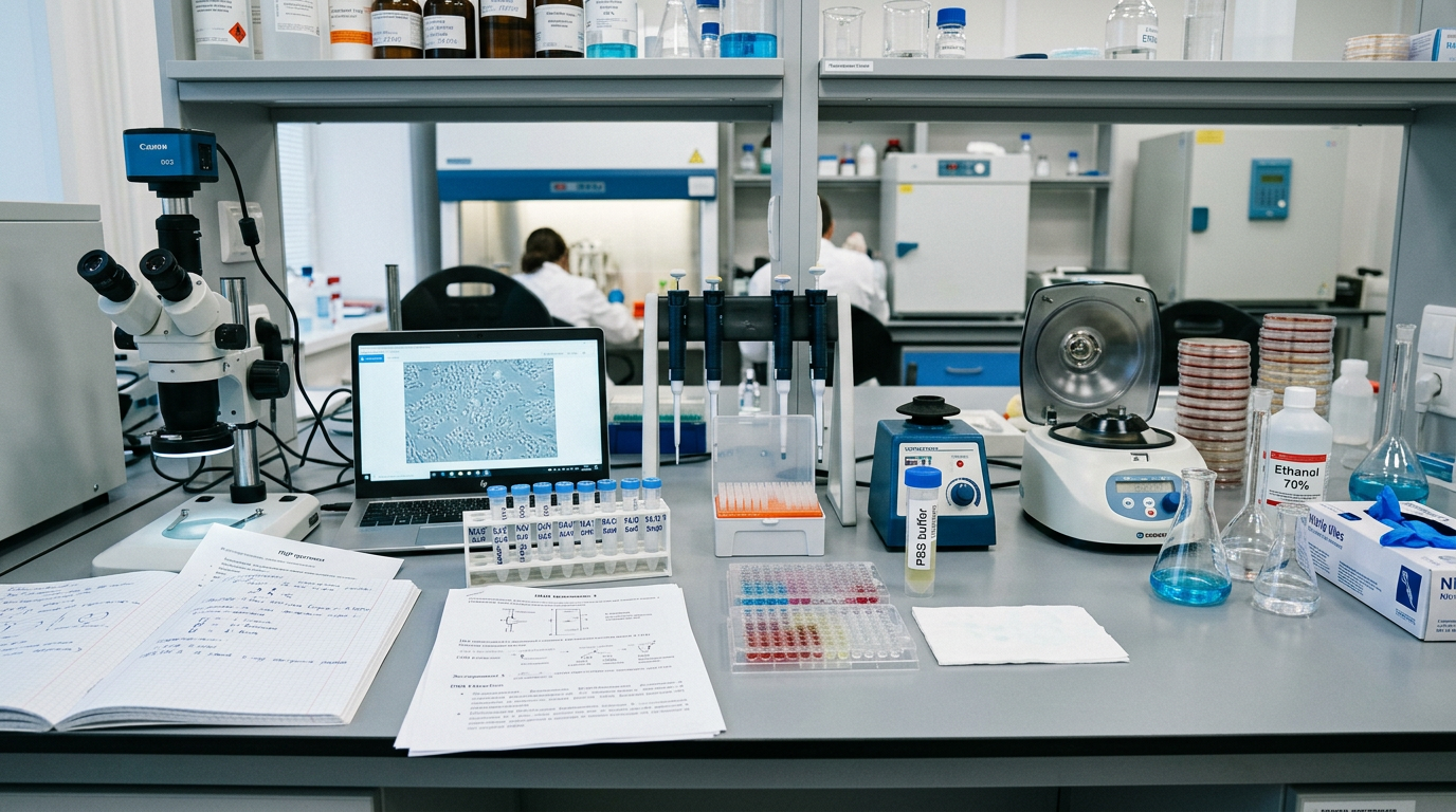 Laboratory workspace with microscope, laptop displaying cell images, pipettes, centrifuge, test tubes, and chemical bottles